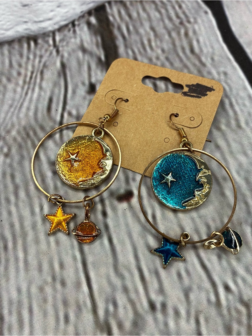 Boho Whimsigoth Celestial Moon Stars Asymmetrical Dangle Charm Hoop Earrings New